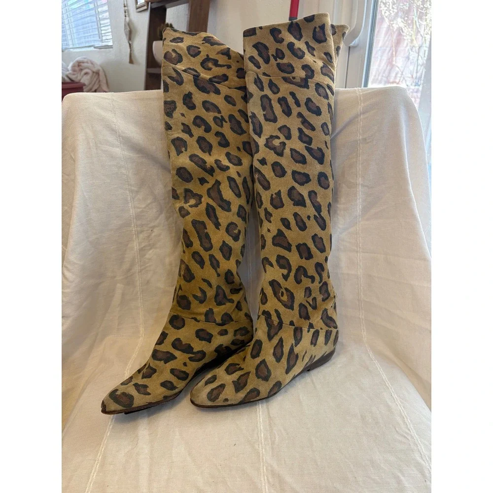 Vintage Made in Italy Leopard Print Suede Over the Knee Flat Boots Size 36